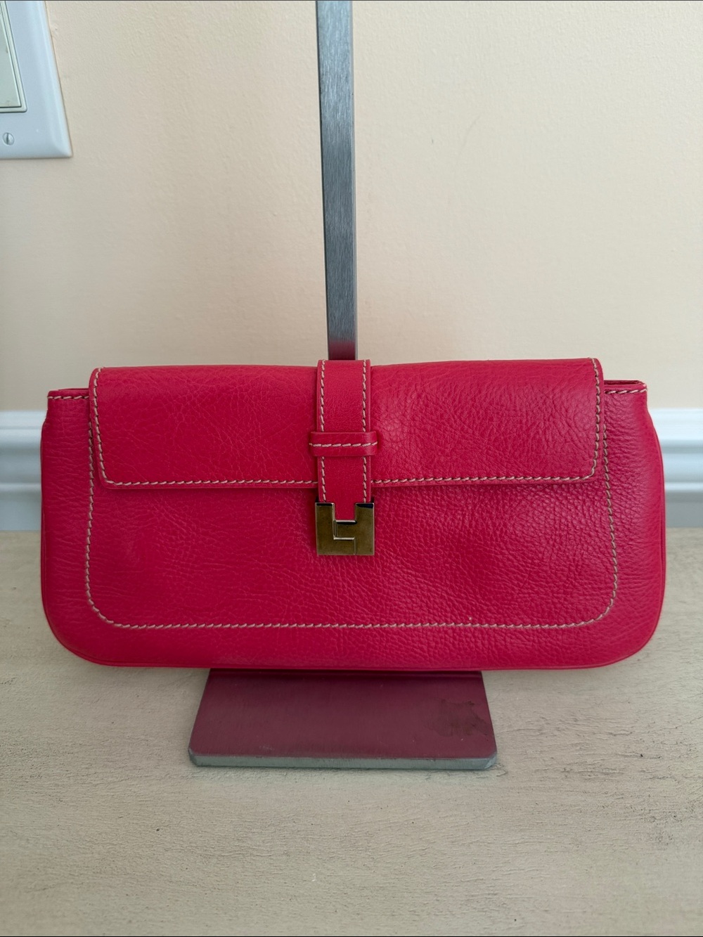 Fuchsia Leather Clutch with Gold-Tone Closure